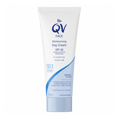 QV للوجه، كريم نهاري مرطب للبشرة العادية والجافة مع عامل حماية SPF30، 75 جم